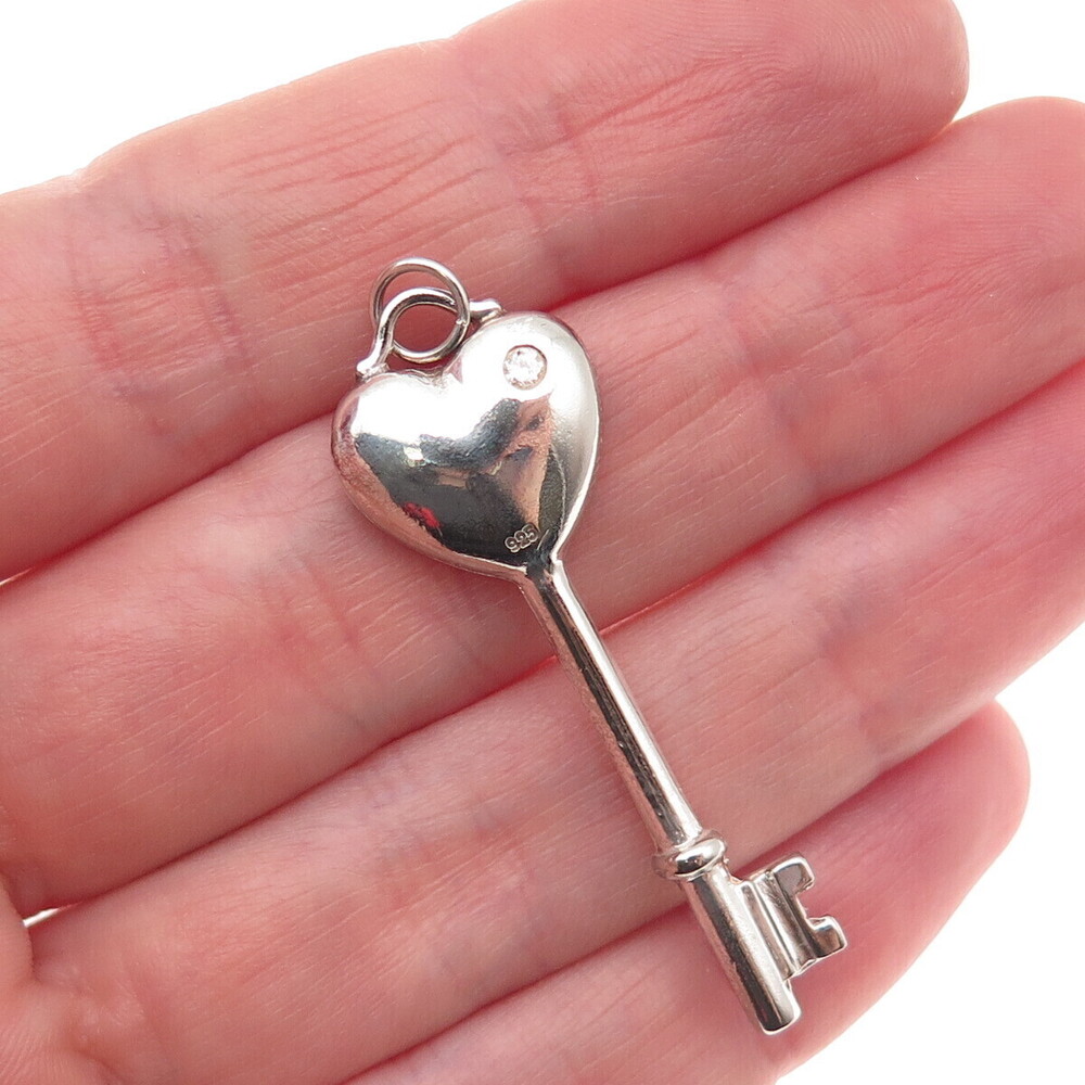 925 Sterling Silver Round-Cut C Z Heart Key Charm Pendant